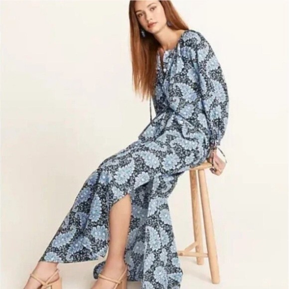 J Crew Collection Ratti Paisley Button Front Tie Sleeve Blouse Blue Size Medium - Picture 3 of 15